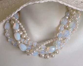 Multi Strand Torsade Necklace, Chunky Necklace, Sea Opal, White Pearl, .925 Sterling Silver