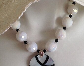 Black and White Bold Designer Necklace, White Faceted AB Acrylic Beads, Mother-Of-Pearl Inlaid Pendant, Sterling Silver