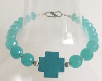 Choker Necklace, Statement Necklace, Chunky Necklace, Aqua Glass Beads, Turquoise Howlite Cross, Sterling Silver