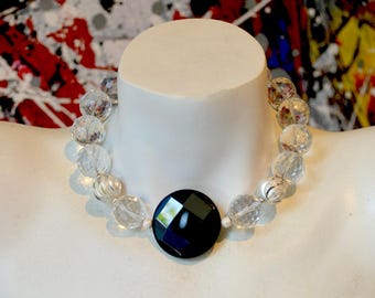 Statement Necklace, Choker Necklace, Chunky Necklace, Faceted Glass, Black Onyx Pendant, Sterling Silver