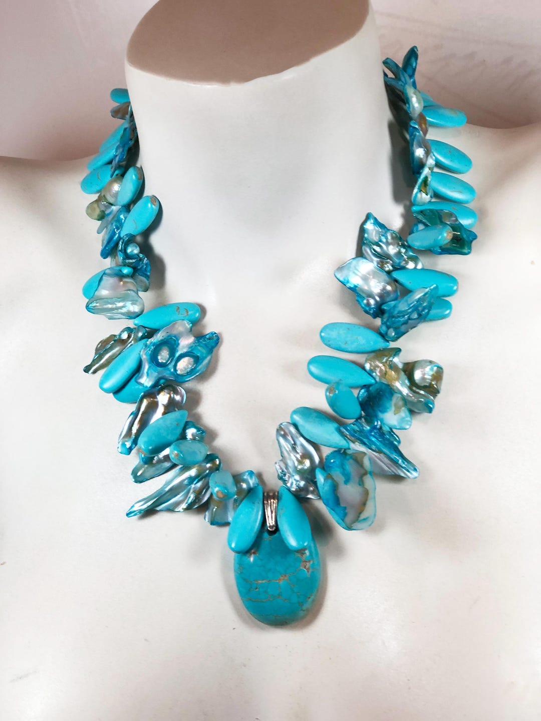 Stabilizing Turquoise Baroque Pearl Statement Necklace, Turquoise Baroque Cultured Freshwater ...