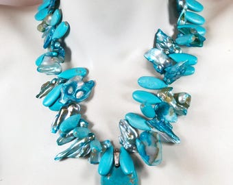 Baroque Pearl Statement Necklace, Turquoise Baroque Cultured Freshwater Pearls, Stabilized Turquoise Pendant