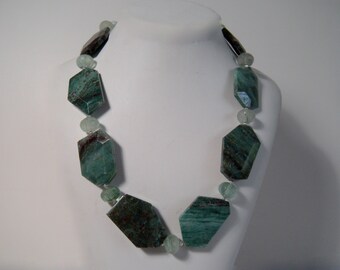 Chunky Beaded Necklace, Green Jasper Slabs, Green Glass, .925 Sterling Silver Toggle Clasp