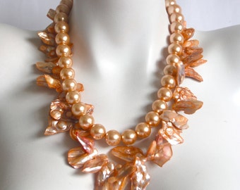 Multi Strand Baroque Pearl Necklace, Papaya Cultured Pearls, Peach Swarovski Pearls, .925 Sterling Silver