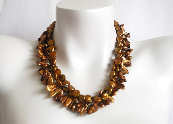 Multi Strand Beaded Necklace, Copper Cultured Pearl Sticks, Coins