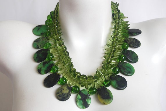 Olive Green Chunky Multi Strand Necklace, Chrysoprase, .925 Sterling Silver