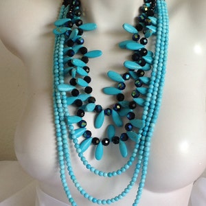 Long Multi Strand Statement Necklace, Turquoise Necklace, AB Black Czech Glass, White Pearls, .925 Sterling Silver