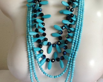 Long Multi Strand Statement Necklace, Turquoise Necklace, AB Black Czech Glass, White Pearls, .925 Sterling Silver