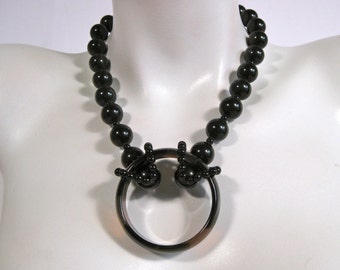 Beaded Necklace, Black Agate Pendant, Black Agate, .925 Sterling Silver, Designer Jewelry