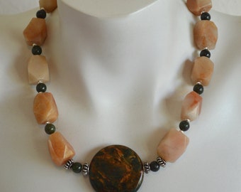 Chunky Beaded Necklace, Aventurine, Green Opal, Jade, .925 Sterling Silver