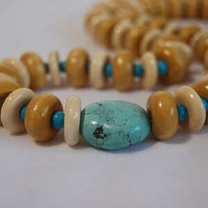 Long Beaded Bone Necklace, Wood Rondelles, Turquoise Nugget, .925 Sterling Silver image 2