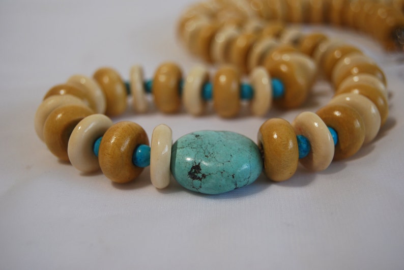 Long Beaded Bone Necklace, Wood Rondelles, Turquoise Nugget, .925 Sterling Silver image 2