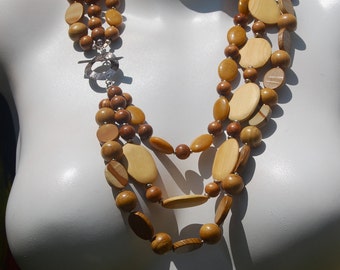 Chunky Beaded Necklace, Wood, Jasper, Honey Jade, .925 Sterling Silver Toggle Clasp