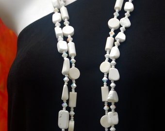 Long Beaded Multi Strand Strand Necklace, Chalk White Swarovski, White Turquoise, White Jade, .925 Sterling Silver