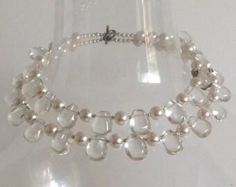 Multi Strand Beaded Statement Necklace, Chunky Necklace Crystal Quartz Teardrop Beads White Pearls Sterling Silver Toggle Clasp