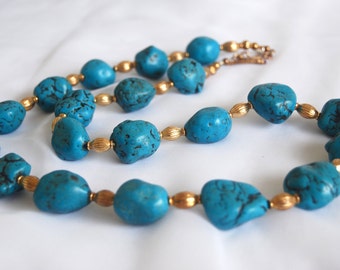 Chunky Necklace, Turquoise Nuggets Beaded Necklace, Vermeil Toggle Clasp and Spacers