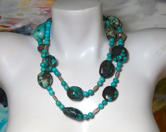 Long Chunky Turquoise Necklace, Turquoise Nuggets, .925 Sterling Silver