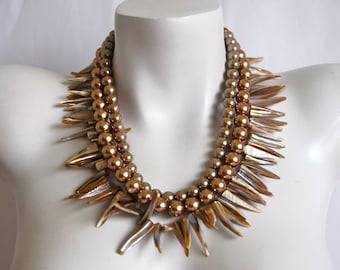 Multi Strand Shell Stick Necklace, Bronze Pearls, .925 Sterling Silver Clasp