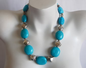 Turquoise Chunky Beaded Necklace, Turquoise Nuggets, .925 Sterling Silver Hill Tribes Beads