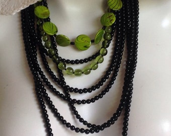 Multi Strand Long Beaded Necklace, Lime Green/Black Mother Of Pearl, Black Glass, .925 Sterling Silver