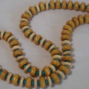 Long Beaded Bone Necklace, Wood Rondelles, Turquoise Nugget, .925 Sterling Silver image 4