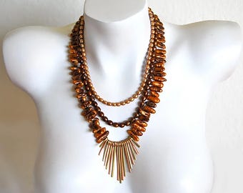 Multi Strand Beaded Necklace, Antique Copper Cultured Pearl Necklace, Antique Brass Spikes, .925 Sterling Silver Clasp
