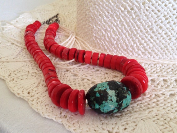 Red Coral Necklace Red Bamboo Coral Heishi Turquoise Nugget | Etsy