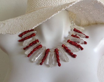 Designer Bib Necklace, Chunky Statement Necklace, Clear Quartz Crystal Icicles, Sponge Coral Spikes