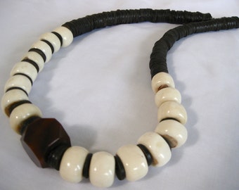 African Bone Ethnic Long Beaded Necklace, Coconut Shell, Agate Focal, .925 Sterling Silver