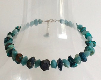 Handmade Beaded Necklace Chunky Amazonite, Turquoise, Sterling Silver