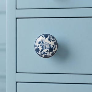 Blue White Ceramic Bunny Floral Knob, Cottagecore Cabinet Pull (1.75" Diameter)