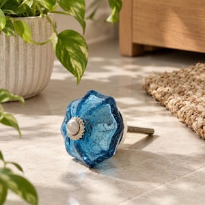 Blue Mercury Glass Cabinet Knob, Crackled Glass Drawer Knob, Geometric Furniture Hardware, Blue Silver Dresser Knob, Nautical Pull, 1 Pc
