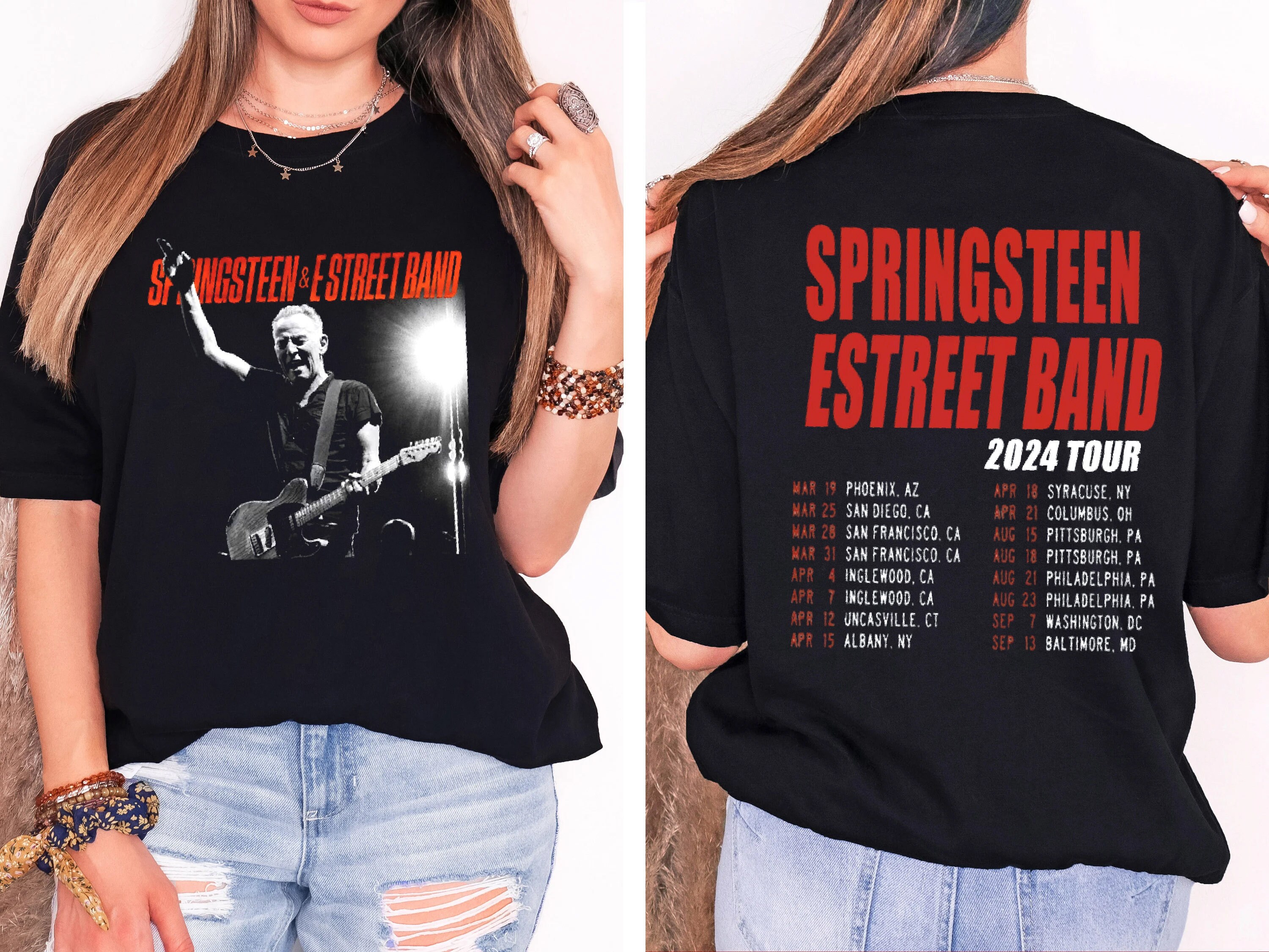 Discover Camiseta Bruce Springsteen The Boss y The E Street Banda Tour 2024 Merch Doble Cara para Hombre Mujer