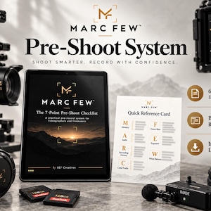 May include: The Marc Few Pre-Shoot System includes a digital tablet displaying The 7-Point Pre-Shoot Checklist, a printed Quick Reference Card, two 128GB SD cards, a black microphone transmitter, and black headphones, all for videographers.