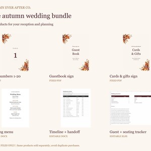 May include: The Autumn Wedding Bundle by Autumn Ever After Co. includes six digital products: table numbers 1-20, a guestbook sign, a cards and gifts sign, a wedding menu, a timeline and handoff document, and a guest and seating tracker.
