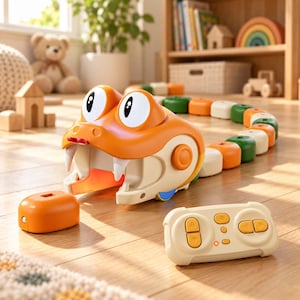 Puede incluir: Una serpiente de juguete teledirigida con una cabeza grande de color naranja, ojos blancos y colmillos blancos afilados. El cuerpo consta de segmentos alternos naranjas, blancos y verdes. Un mando a distancia beige con botones naranjas.