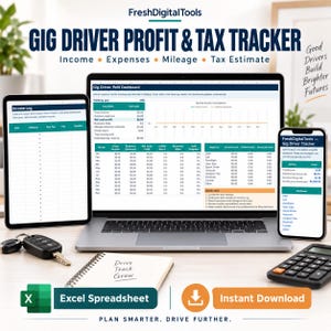 Könnte beinhalten: Eine digitale Gig Driver Profit & Tax Tracker Tabellenkalkulation auf Laptop, Tablet und Smartphone. Die Benutzeroberfläche umfasst Einnahmenprotokolle, Kilometerverfolgung und Steuerschätzungen. Ein Autoschlüssel, ein Taschenrechner und ein Notizblock sind zu sehen.