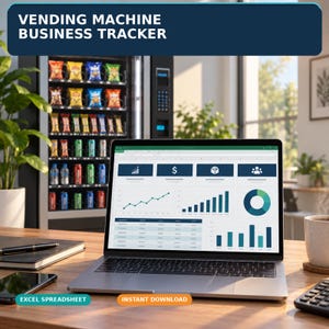 May include: A laptop displaying a Vending Machine Business Tracker spreadsheet with financial charts, graphs, and data tables. The screen shows icons for analytics, currency, inventory, and users, with the text Vending Machine Business Tracker.