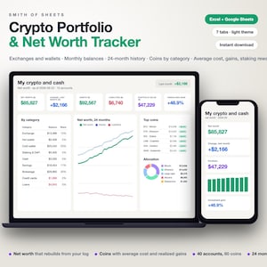 May include: A digital crypto portfolio and net worth tracker displayed on a laptop and smartphone screen. The interface shows financial data, including net worth, assets, liabilities, and portfolio value, with charts, tables, and lists of coins.