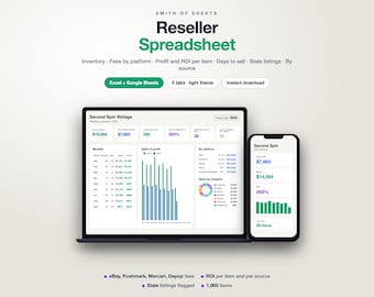 May include: A digital reseller spreadsheet template for Excel and Google Sheets titled Smith of Sheets Reseller Spreadsheet. The interface displays inventory, fees, profit, ROI, and sales data on a laptop screen and a smartphone screen.