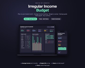 Irregular Income Budget Spreadsheet, Variable Income Budget Planner & Expense Tracker for Freelancers, Dark Mode (Excel/Google Sheets)