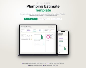 May include: A digital plumbing estimate template for Excel and Google Sheets titled Smith of Sheets. The display shows a laptop and smartphone screen with a dashboard featuring financial data, charts, and a list of estimates for Clearwater Plumbing.