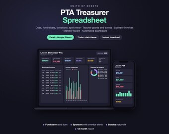 May include: A digital PTA Treasurer Spreadsheet template displayed on a laptop and smartphone screen. The dark-themed interface features financial dashboards, charts, and tables for tracking dues, donations, and expenses with clear text labels.