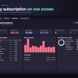 Subscription Tracker Spreadsheet, Recurring Bills & Free Trial Tracker with Renewal Dates and Monthly Cost, Dark Mode (Excel/Google Sheets) image 3
