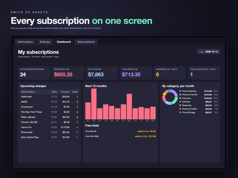 Subscription Tracker Spreadsheet, Recurring Bills & Free Trial Tracker with Renewal Dates and Monthly Cost, Dark Mode (Excel/Google Sheets) image 3