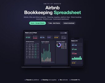 May include: A digital Airbnb bookkeeping spreadsheet by Smith of Sheets displayed on a laptop and smartphone. The dark-themed interface features financial dashboards, monthly performance tables, income versus expense charts, and category breakdowns.