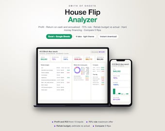 May include: A digital House Flip Analyzer spreadsheet tool for Excel and Google Sheets. The interface displays financial data, rehab budgets, and profit metrics on a laptop screen and a smartphone screen, featuring text like 412 Birch Ave ranch.