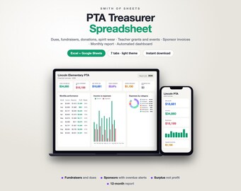 May include: A digital PTA Treasurer Spreadsheet template displayed on a laptop and smartphone screen. The interface shows financial data, including monthly performance tables, income versus expense bar charts, and a pie chart for expenses.