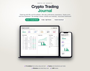 Crypto Trading Journal Spreadsheet, Trade Log & Tracker with Win Rate, Profit Factor and R-Multiples, Light Mode (Excel/Google Sheets)