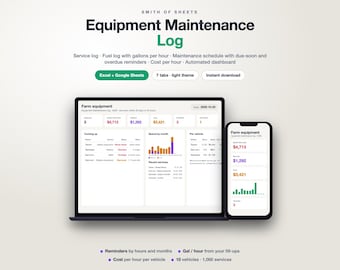 Equipment Maintenance Log Spreadsheet, Equipment Maintenance Tracker & Service Schedule by Engine Hours, Light Mode (Excel/Google Sheets)
